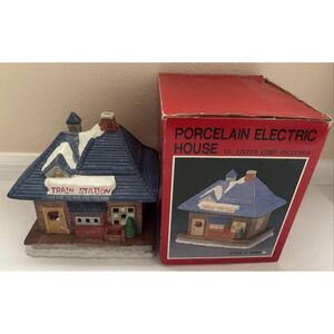 Porcelain Electric Lighted House Train Station Christmas Village Decor